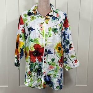 Coldwater Creek Colorful Floral Women’s 100% Linen Jacket Zip Front
